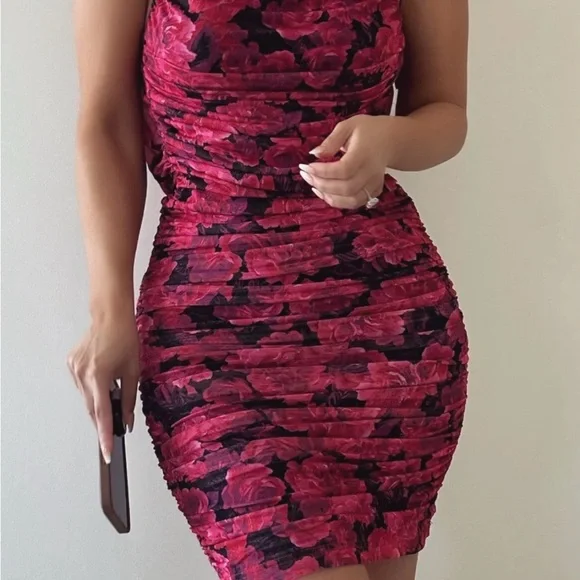 JLUXLABEL Pink and Black Floral Midi Dress. Vibrant Beautiful and Sexy - Picture 3 of 3